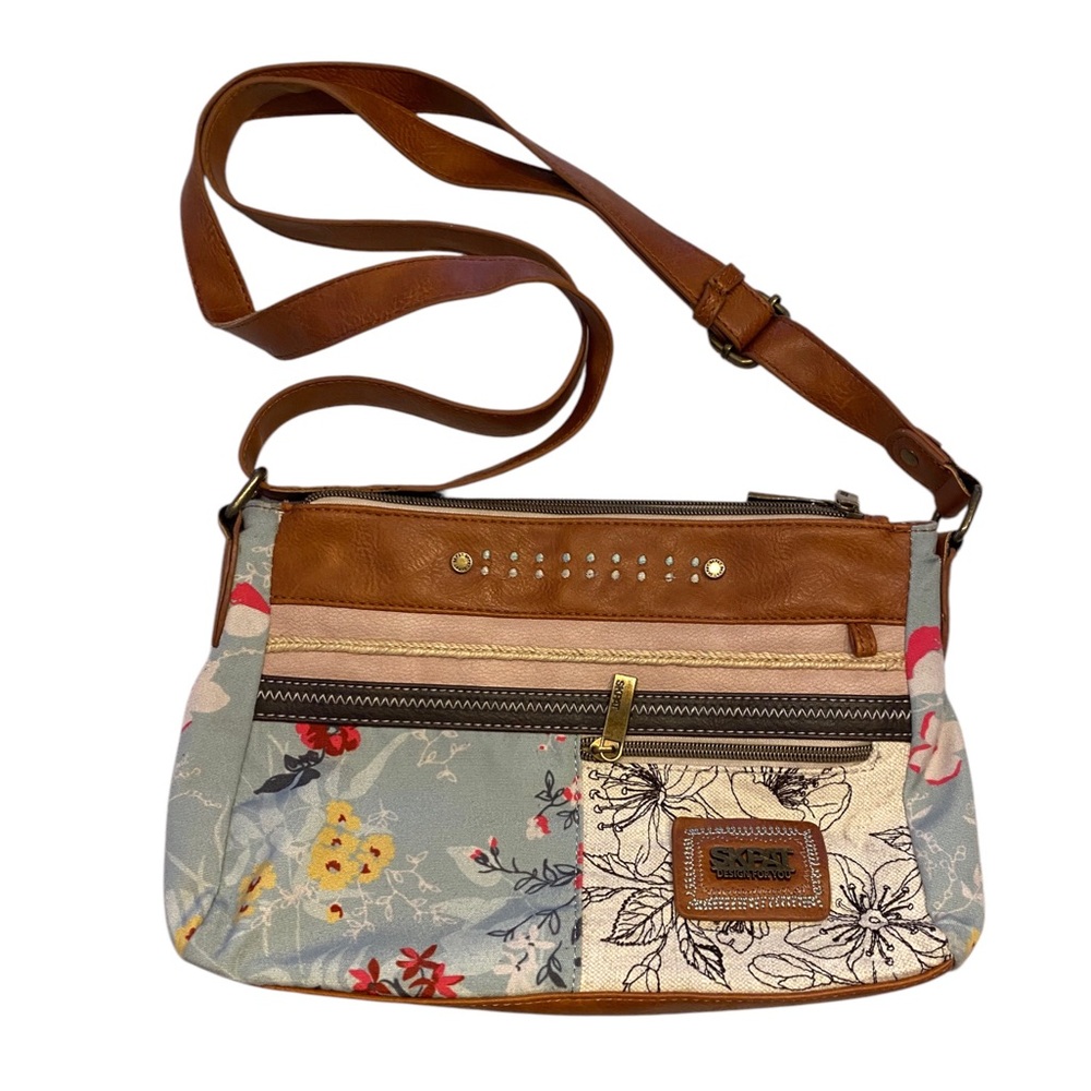 SKPAT Shoulder Bag in cream and blue Floral Patterns